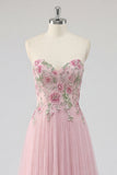 Pink Strapless A Line Appliqued Tulle Prom Dress