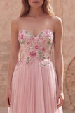 Pink Strapless A Line Appliqued Tulle Prom Dress