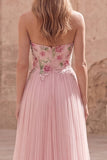 Pink Strapless A Line Appliqued Tulle Prom Dress