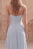 Sky Blue Pleated A Line Maxi Prom Dress