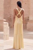 Yellow Satin Cut Out Sheath Prom Dress with Streamer