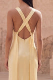 Yellow Satin Cut Out Sheath Prom Dress with Streamer