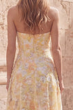 Floral Yellow Strapless High Low A Line Prom Dress