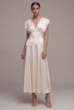 Ivory Satin A Line V Neck Engagement Dress with Cap Sleeves