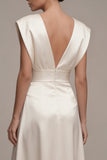 Ivory Satin A Line V Neck Engagement Dress with Cap Sleeves