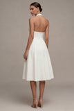 White Halter Cut Out A Line Corset Midi Engagement Dress