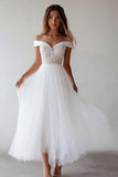 Off the Shoulder White Lace A Line Tulle Engagement Dress