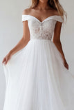 Off the Shoulder White Lace A Line Tulle Engagement Dress