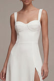 Ivory Satin A Line Midi Engagement Dress with Slit