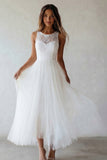 Round Neck A Line White Tulle Lace Engagement Dress
