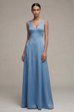 White Satin A Line V Neck Maxi Bridal Dress