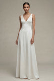 White Satin A Line V Neck Maxi Bridal Dress