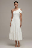 One Shoulder A Line Ruffled White Midi Engagement Dress