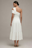 One Shoulder A Line Ruffled White Midi Engagement Dress