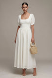 White A Line Maxi Engagement Dress with Short Sleeves