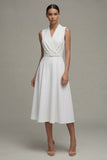 White Shawl Lapel A Line Midi Work Dress with Belt