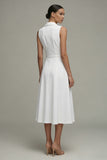 White Shawl Lapel A Line Midi Work Dress with Belt