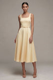 Ivory Satin A Line Midi Engagement Dress with Belt