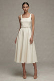 Ivory Satin A Line Midi Engagement Dress with Belt