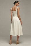 Ivory Satin A Line Midi Engagement Dress with Belt