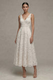 Jacquard Ivory A Line V Neck Midi Engagement Dress