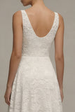 Jacquard Ivory A Line V Neck Midi Engagement Dress