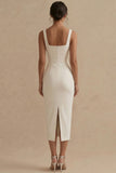 Satin White Bodycon Midi Engagement Dress with Slit