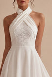 Halter A Line White Mini Bridal Shower Dress with Pearls