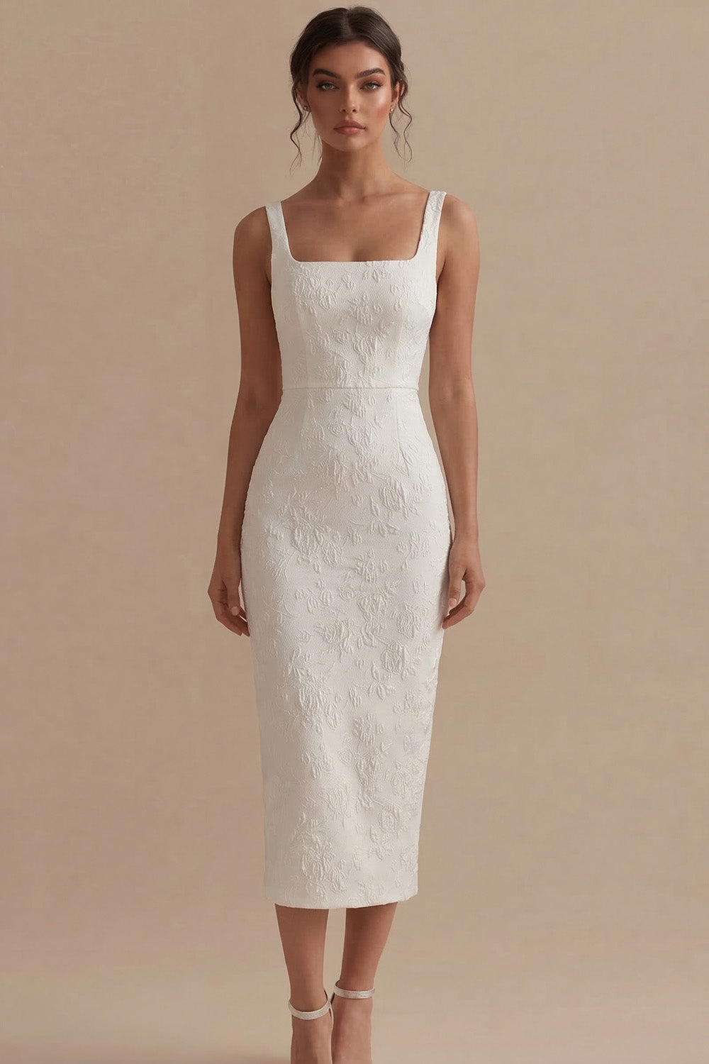 white midi dress engagement Queendancer Women Ivory Chiffon Midi Engagement Dress with Slit Pleated V-Neck A Line Rehearsal Dinner Dress with Sleeves queendancer