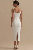 Jacquard Bodycon White Midi Engagement Dress with Slit