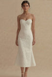 Jacquard Strapless Mermaid White Midi Engagement Dress