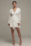 Long Sleeve Ruffled A Line Mini White Dress