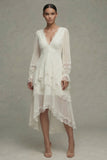 Long Sleeve Lace High Low V Neck Midi White Dress
