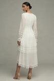 Long Sleeve Lace High Low V Neck Midi White Dress