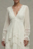 Long Sleeve Lace High Low V Neck Midi White Dress