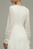 Long Sleeve Lace High Low V Neck Midi White Dress