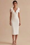 Satin Bodycon Bowed V Neck Midi White Dress