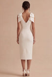 Satin Bodycon Bowed V Neck Midi White Dress