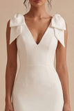 Satin Bodycon Bowed V Neck Midi White Dress