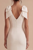 Satin Bodycon Bowed V Neck Midi White Dress