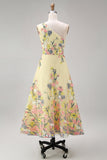Floral Yellow One Shoulder A Line Midi Wedding Guest Dress