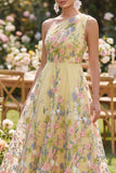Floral Yellow One Shoulder A Line Midi Wedding Guest Dress