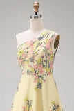 Floral Yellow One Shoulder A Line Midi Wedding Guest Dress