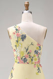 Floral Yellow One Shoulder A Line Midi Wedding Guest Dress