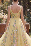 Floral Yellow A Line Embroidered Wedding Guest Dress