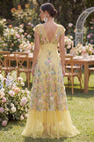 Floral Yellow A Line V Neck Wedding Guest Dress with Cap Sleeves