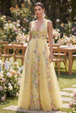 Yellow Floral Tulle A Line V Neck Embroidered Wedding Guest Dress