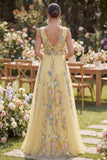 Yellow Floral Tulle A Line V Neck Embroidered Wedding Guest Dress