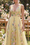 Yellow Floral Tulle A Line V Neck Embroidered Wedding Guest Dress