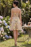 Floral A Line Champagne Corset Mini Wedding Guest Dress